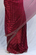 Luxury Wine Red Satin Checkered Saree with Designer Diamond Work Border & Blouse