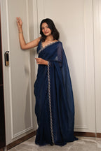 Elegant Navy Blue Satin Silk Saree with Sequin Work & Designer Lace Border – Party & Festive Wear