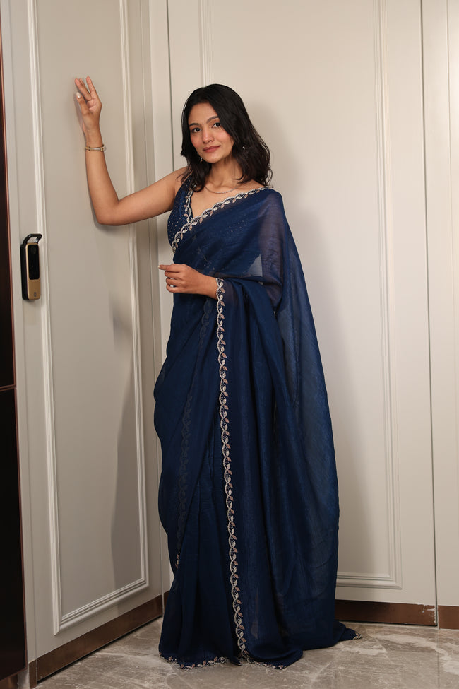 Elegant Navy Blue Satin Silk Saree with Sequin Work & Designer Lace Border – Party & Festive Wear Main Image