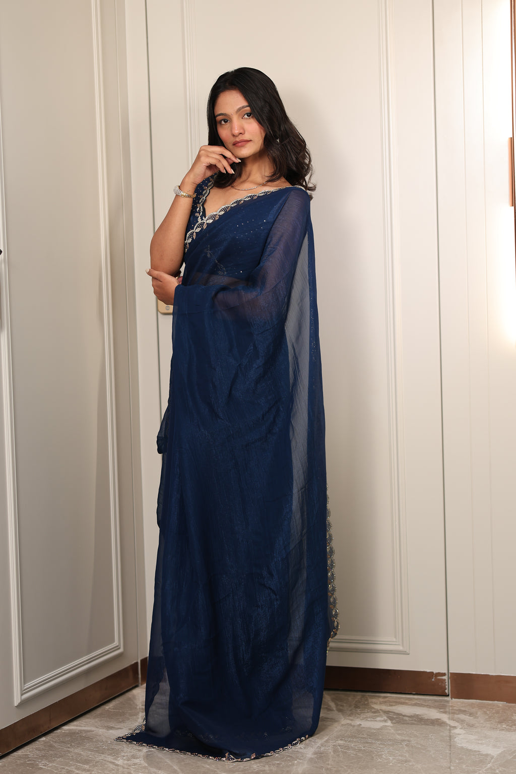 Elegant Navy Blue Satin Silk Saree with Sequin Work & Designer Lace Border – Party & Festive Wear