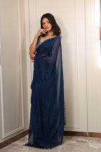 Elegant Navy Blue Satin Silk Saree with Sequin Work & Designer Lace Border – Party & Festive Wear