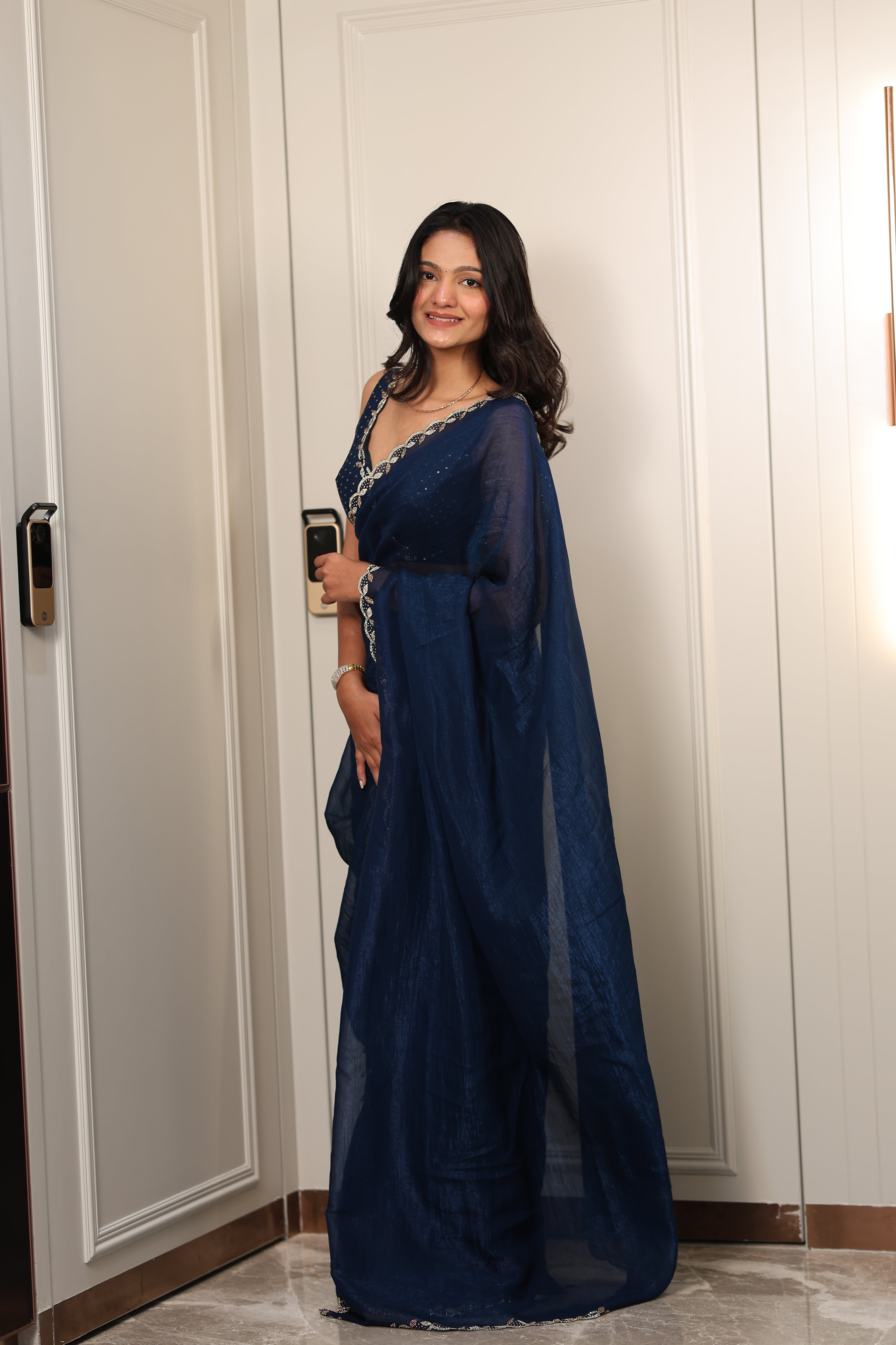 Elegant Navy Blue Satin Silk Saree with Sequin Work & Designer Lace Border – Party & Festive Wear