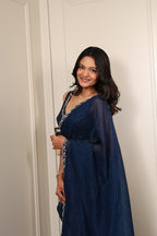 Elegant Navy Blue Satin Silk Saree with Sequin Work & Designer Lace Border – Party & Festive Wear