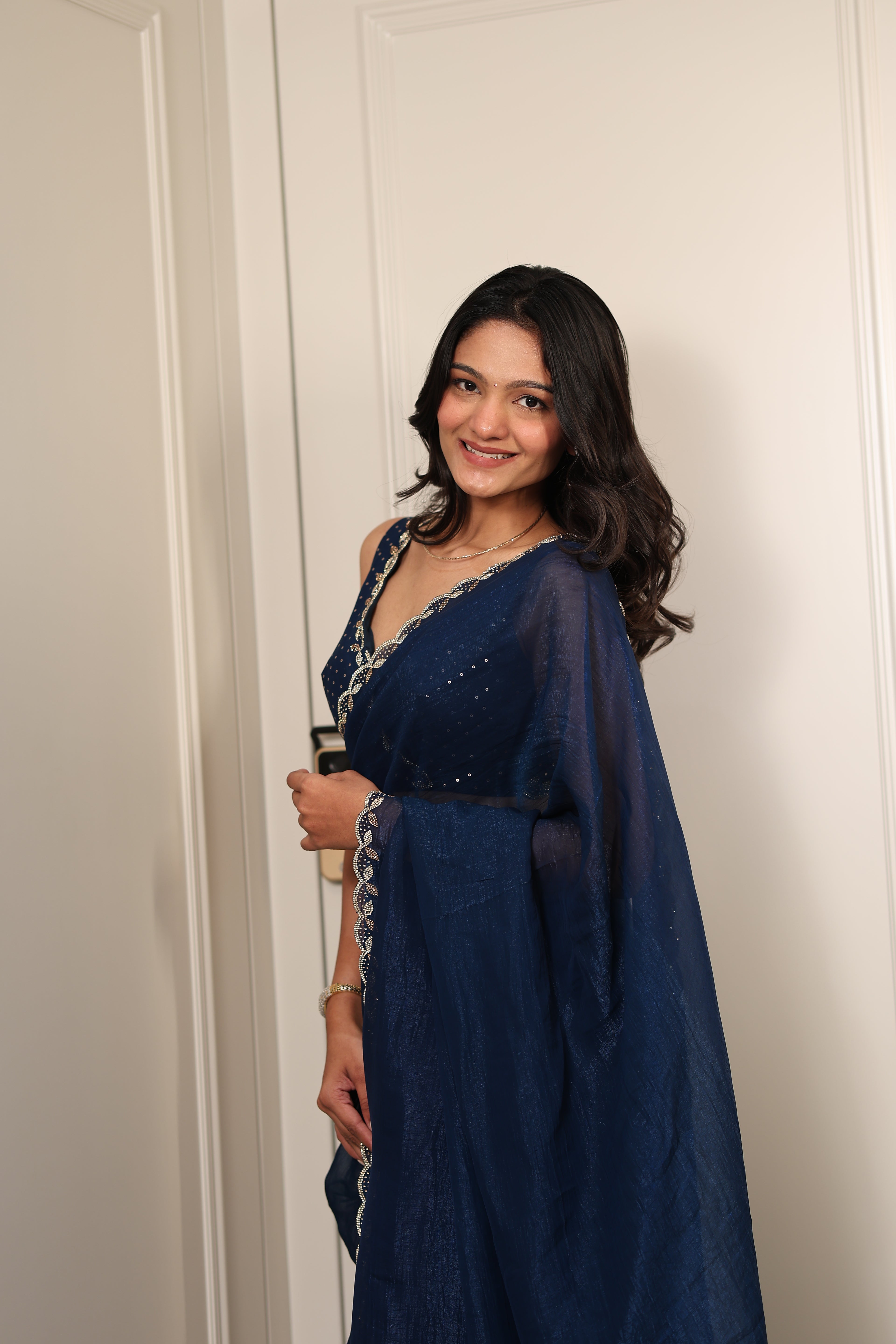 Elegant Navy Blue Satin Silk Saree with Sequin Work & Designer Lace Border – Party & Festive Wear