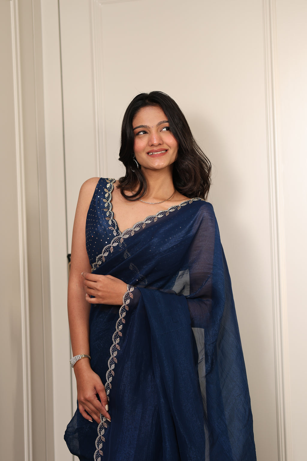Elegant Navy Blue Satin Silk Saree with Sequin Work & Designer Lace Border – Party & Festive Wear