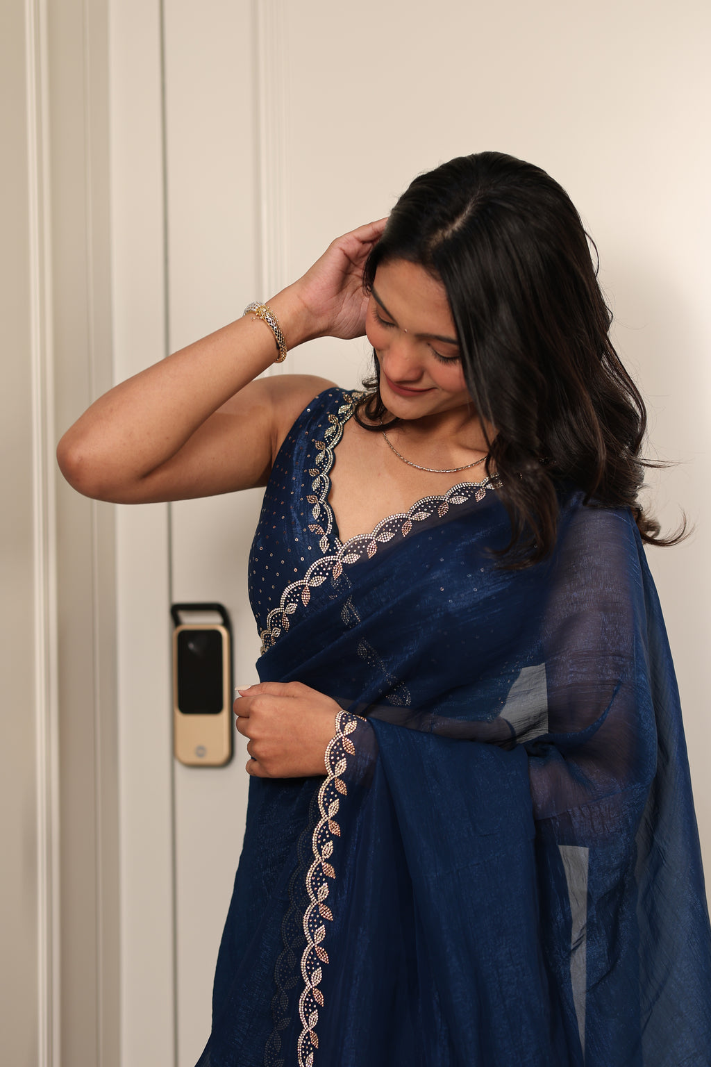 Elegant Navy Blue Satin Silk Saree with Sequin Work & Designer Lace Border – Party & Festive Wear