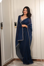 Elegant Navy Blue Satin Silk Saree with Sequin Work & Designer Lace Border – Party & Festive Wear