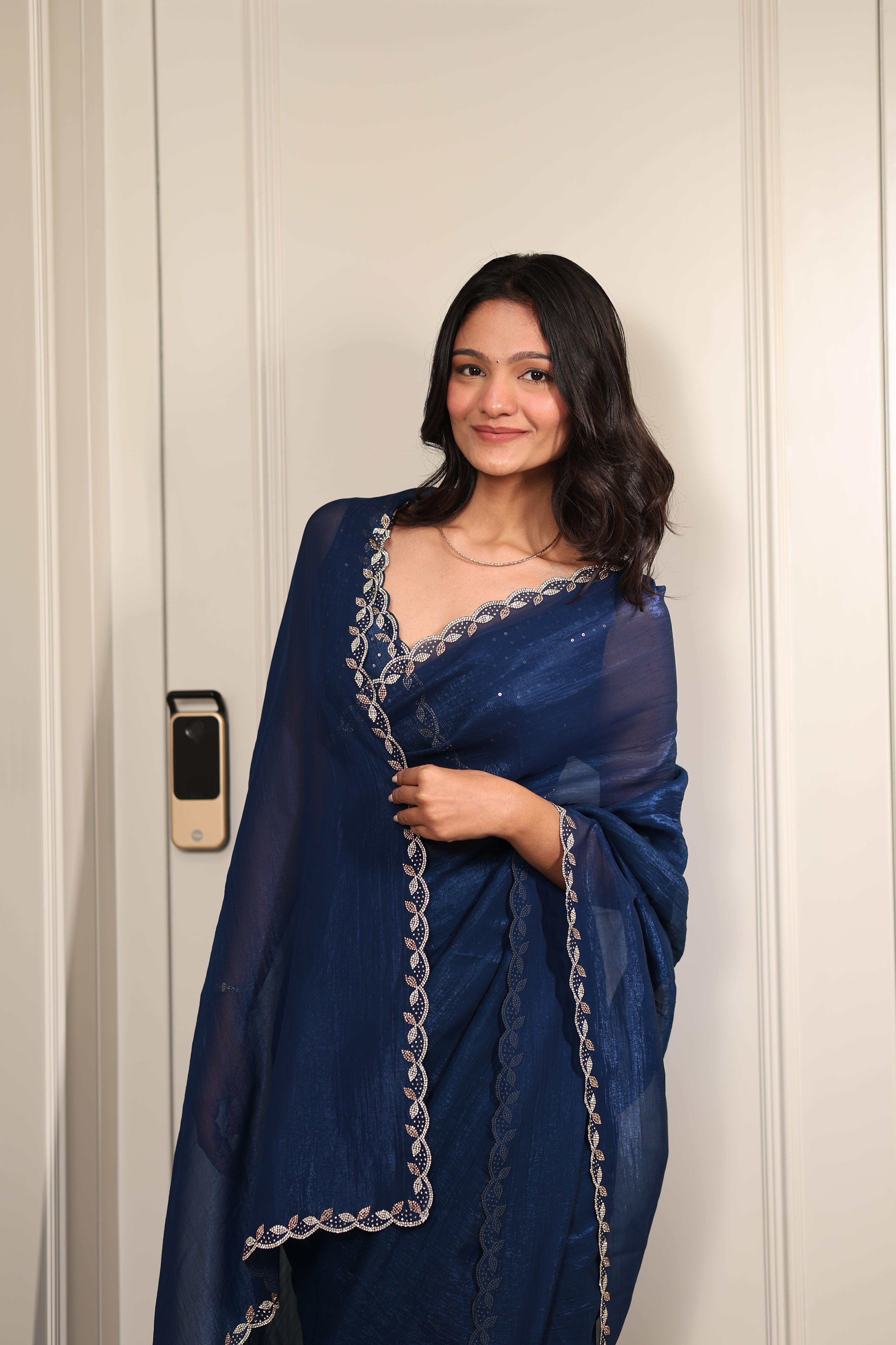 Elegant Navy Blue Satin Silk Saree with Sequin Work & Designer Lace Border – Party & Festive Wear
