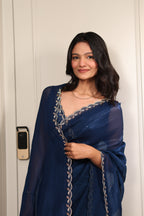 Elegant Navy Blue Satin Silk Saree with Sequin Work & Designer Lace Border – Party & Festive Wear