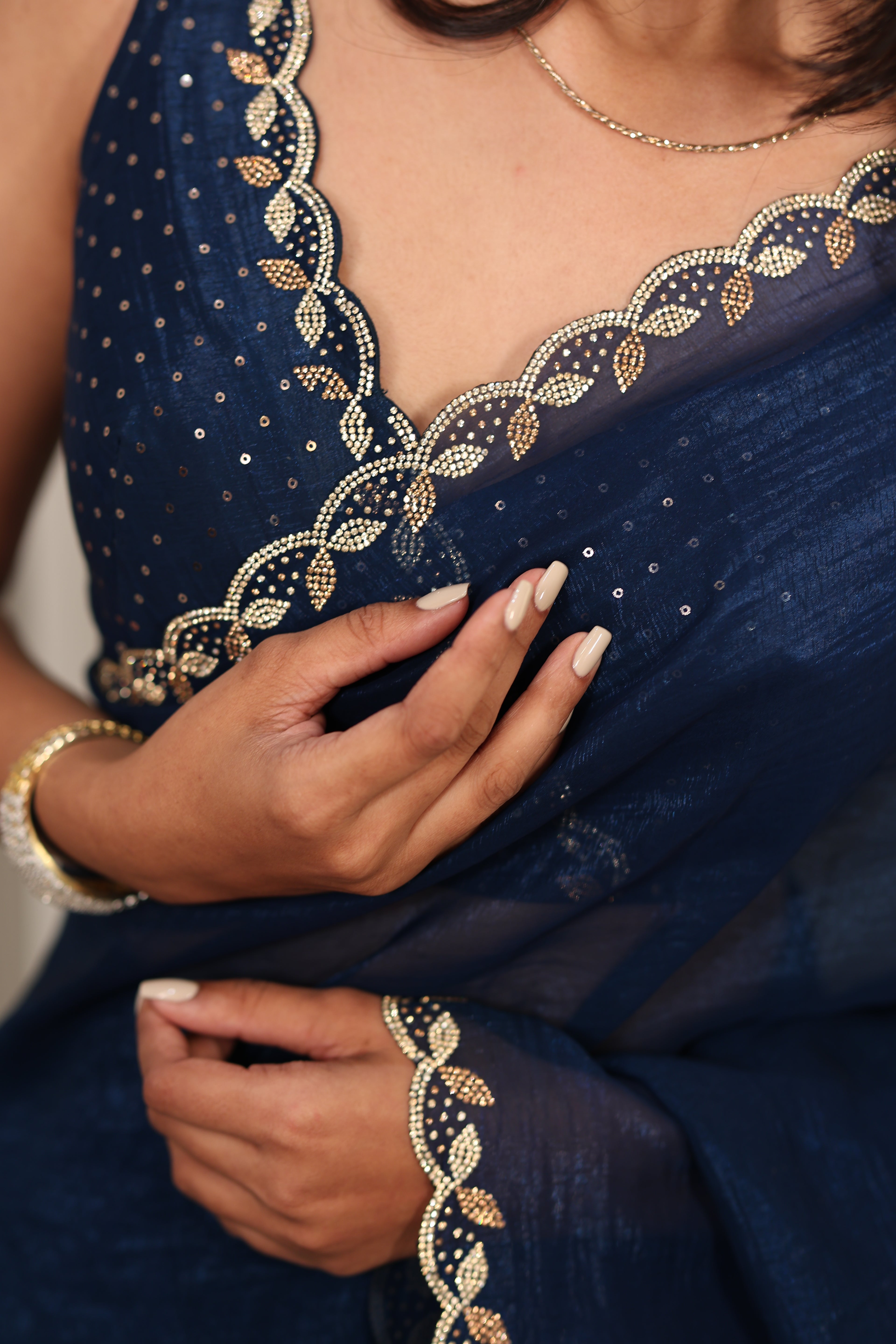 Elegant Navy Blue Satin Silk Saree with Sequin Work & Designer Lace Border – Party & Festive Wear