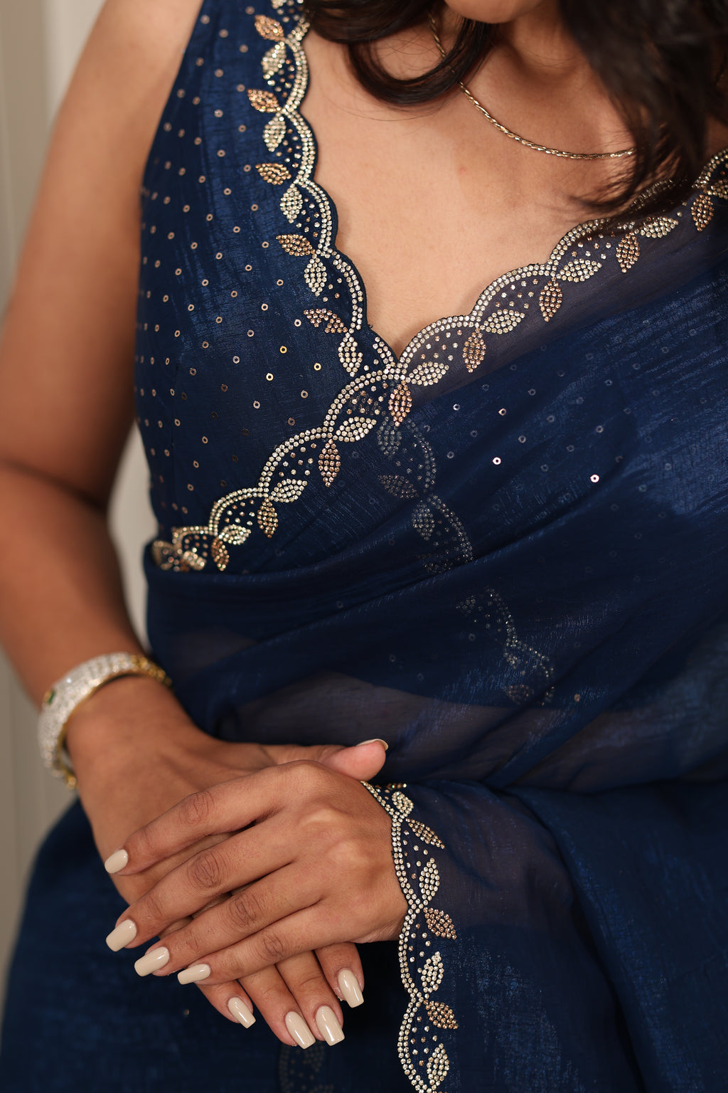 Elegant Navy Blue Satin Silk Saree with Sequin Work & Designer Lace Border – Party & Festive Wear