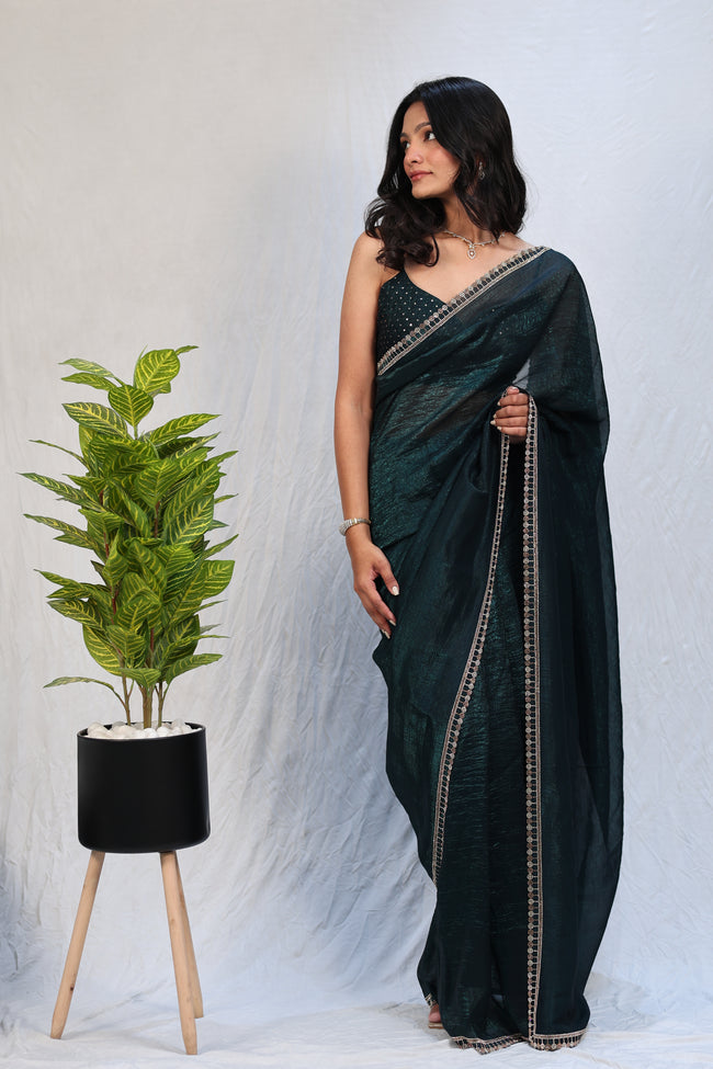 Bottle Green Satin Silk Saree with Sequin Work & Designer Stone Border – Party Wear Main Image