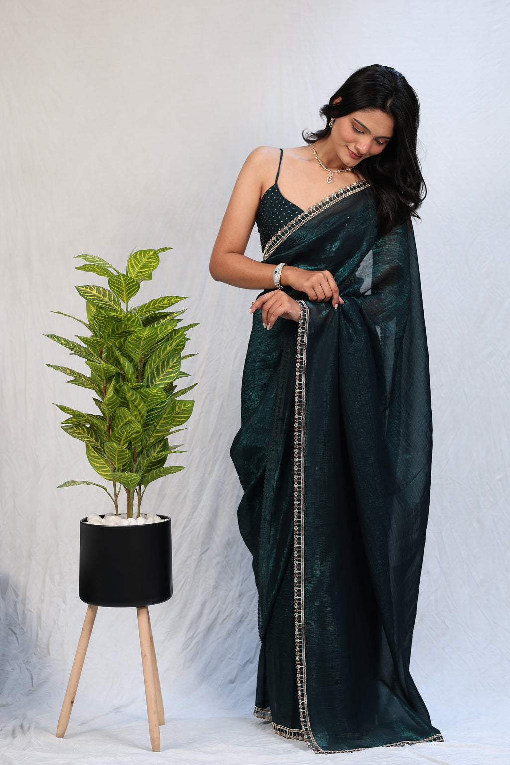 Bottle Green Satin Silk Saree with Sequin Work & Designer Stone Border – Party Wear