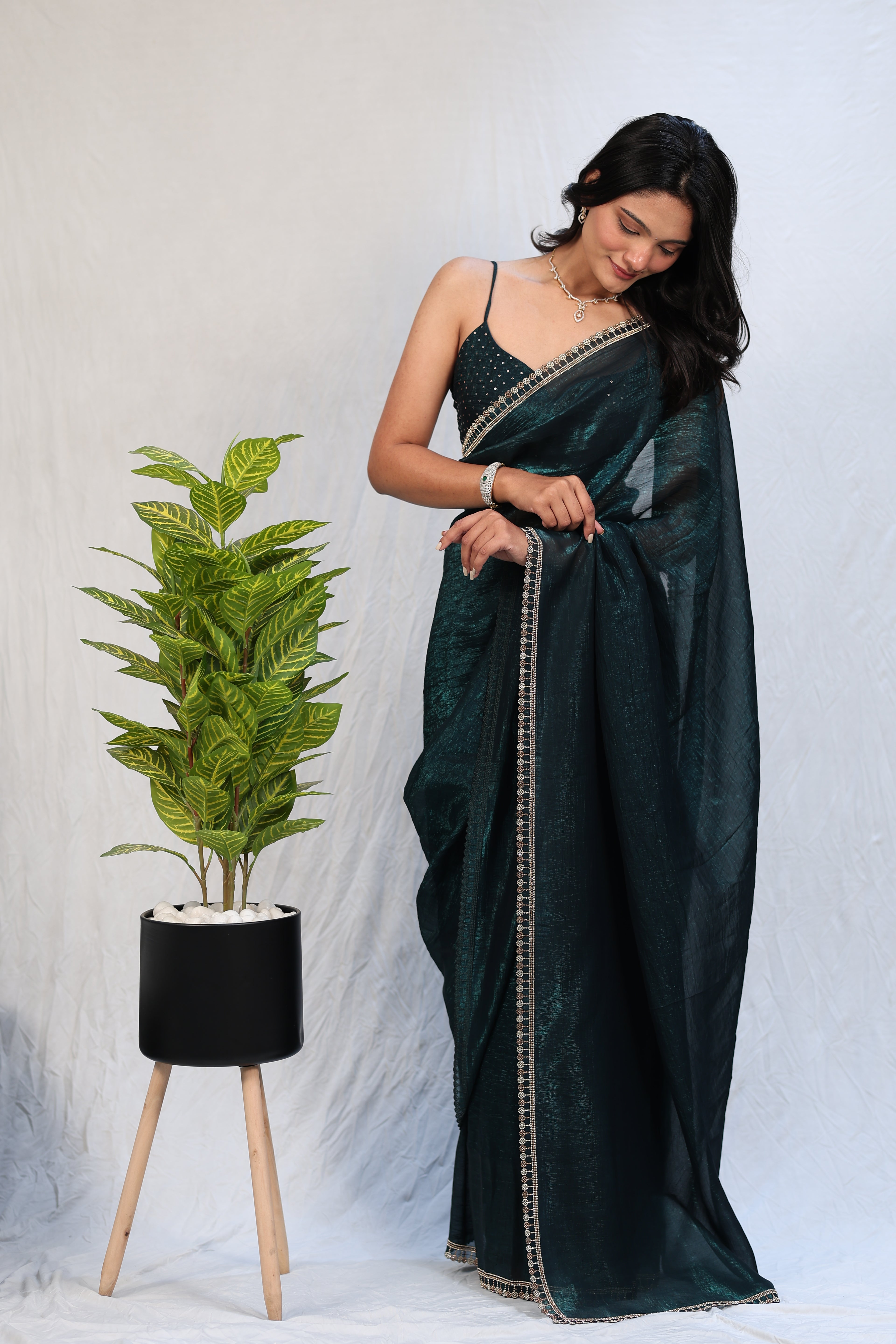 Bottle Green Satin Silk Saree with Sequin Work & Designer Stone Border – Party Wear