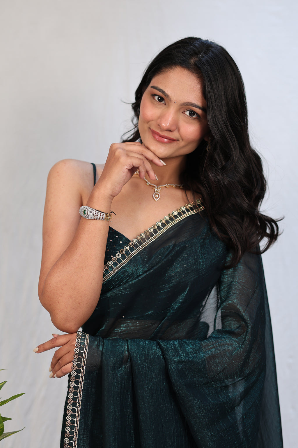 Bottle Green Satin Silk Saree with Sequin Work & Designer Stone Border – Party Wear