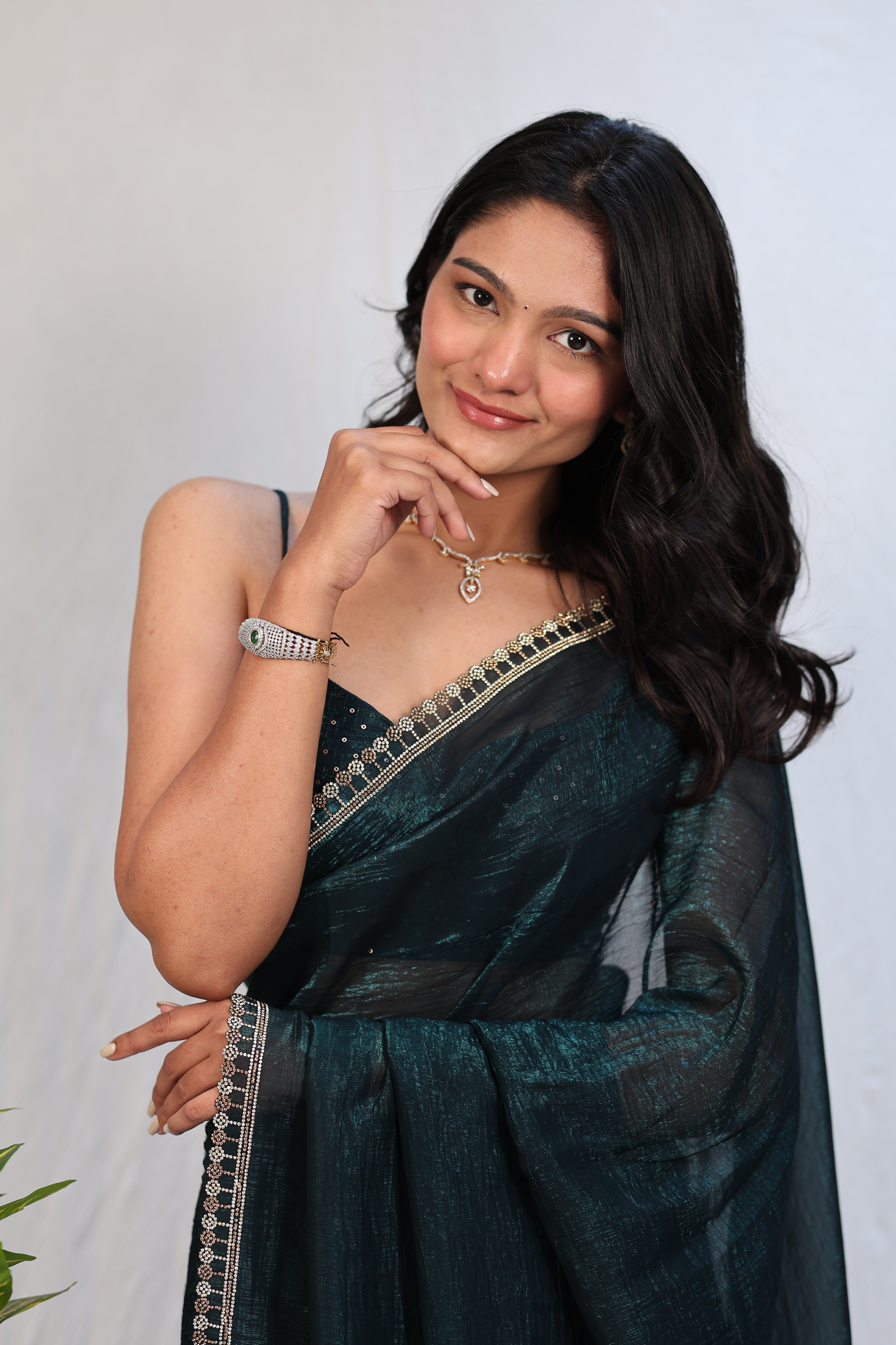 Bottle Green Satin Silk Saree with Sequin Work & Designer Stone Border – Party Wear