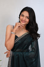 Bottle Green Satin Silk Saree with Sequin Work & Designer Stone Border – Party Wear