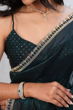 Bottle Green Satin Silk Saree with Sequin Work & Designer Stone Border – Party Wear