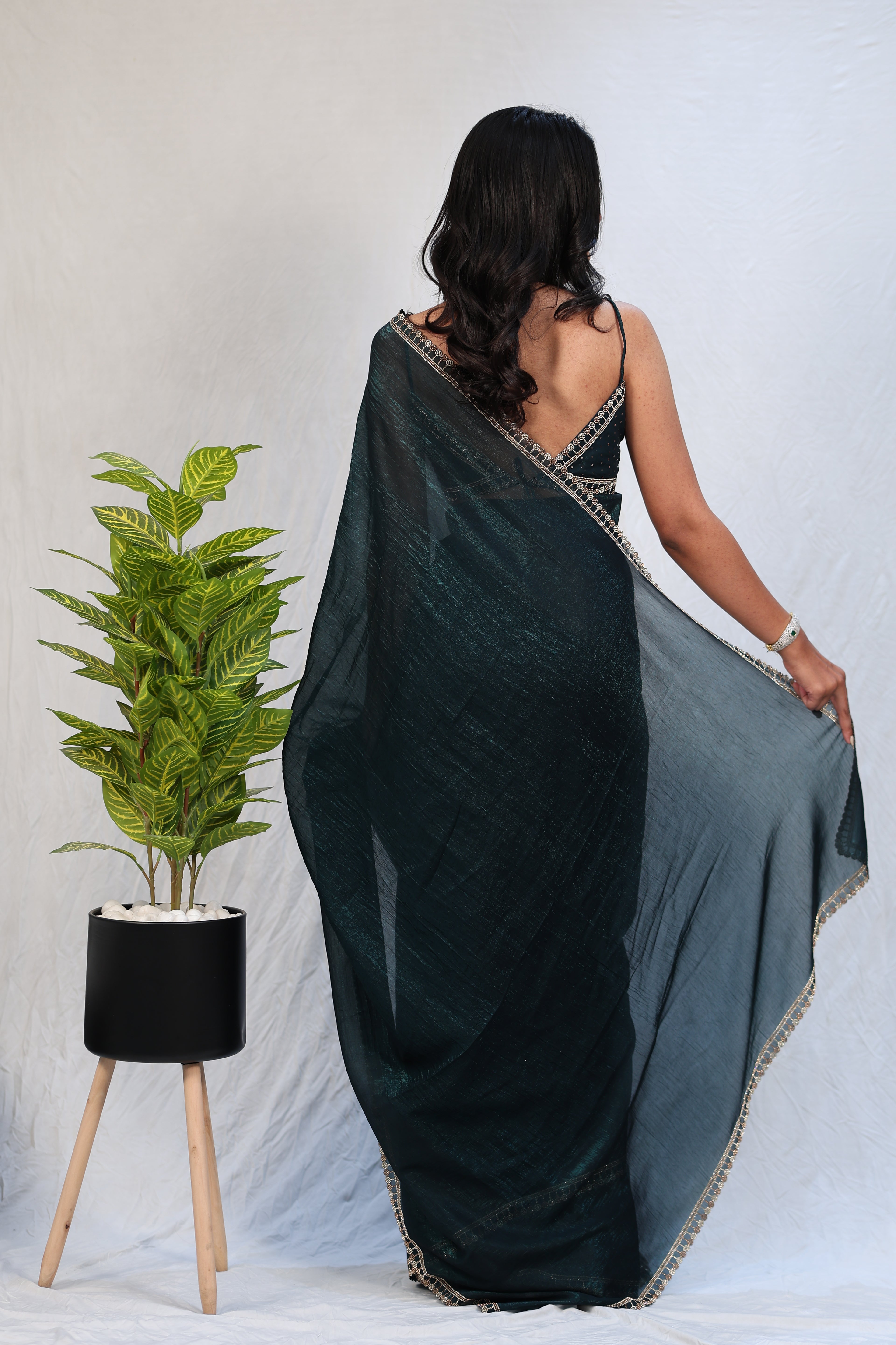 Bottle Green Satin Silk Saree with Sequin Work & Designer Stone Border – Party Wear