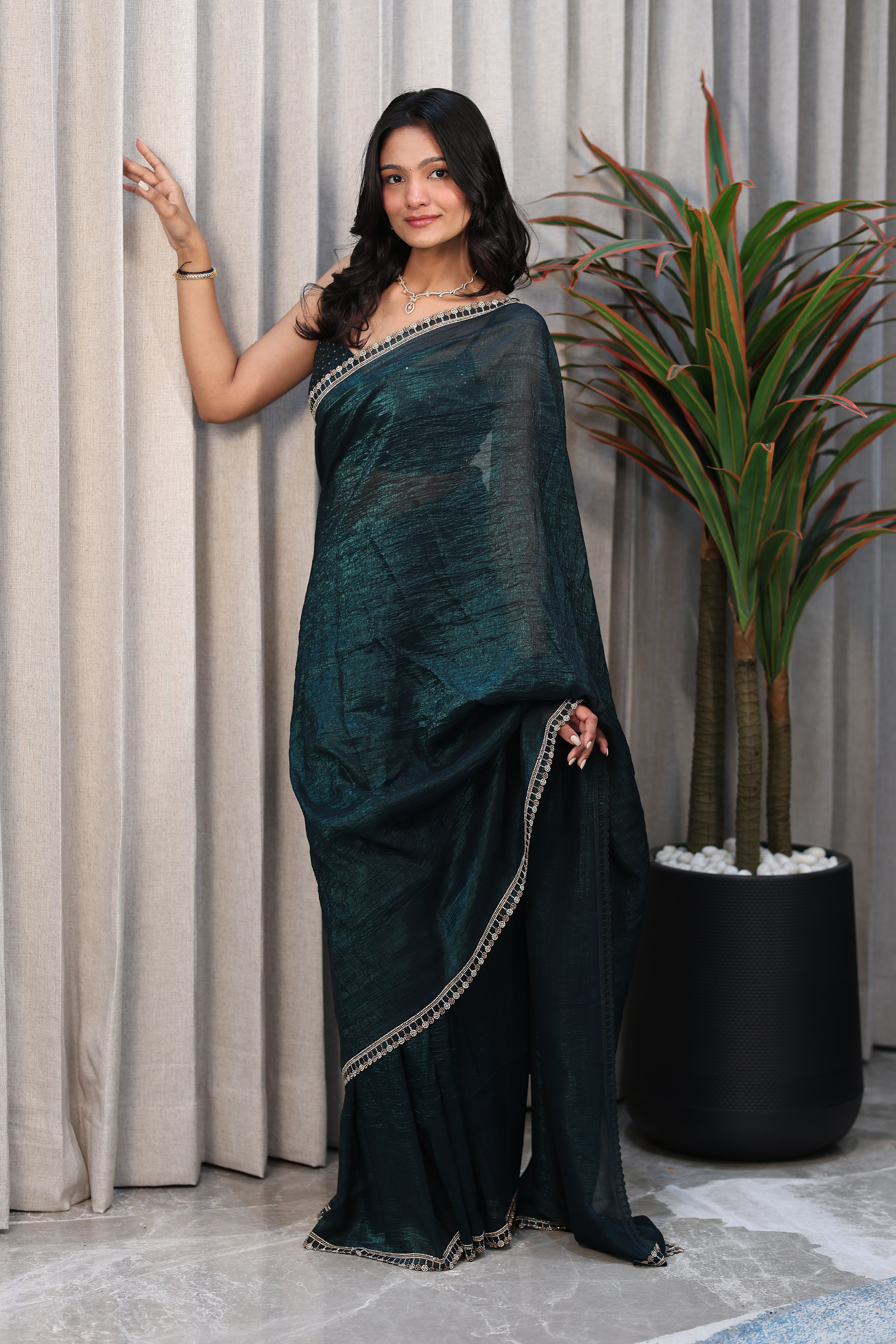 Bottle Green Satin Silk Saree with Sequin Work & Designer Stone Border – Party Wear