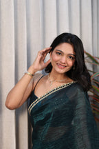 Bottle Green Satin Silk Saree with Sequin Work & Designer Stone Border – Party Wear