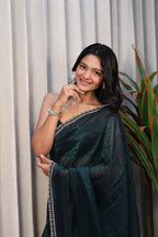 Bottle Green Satin Silk Saree with Sequin Work & Designer Stone Border – Party Wear