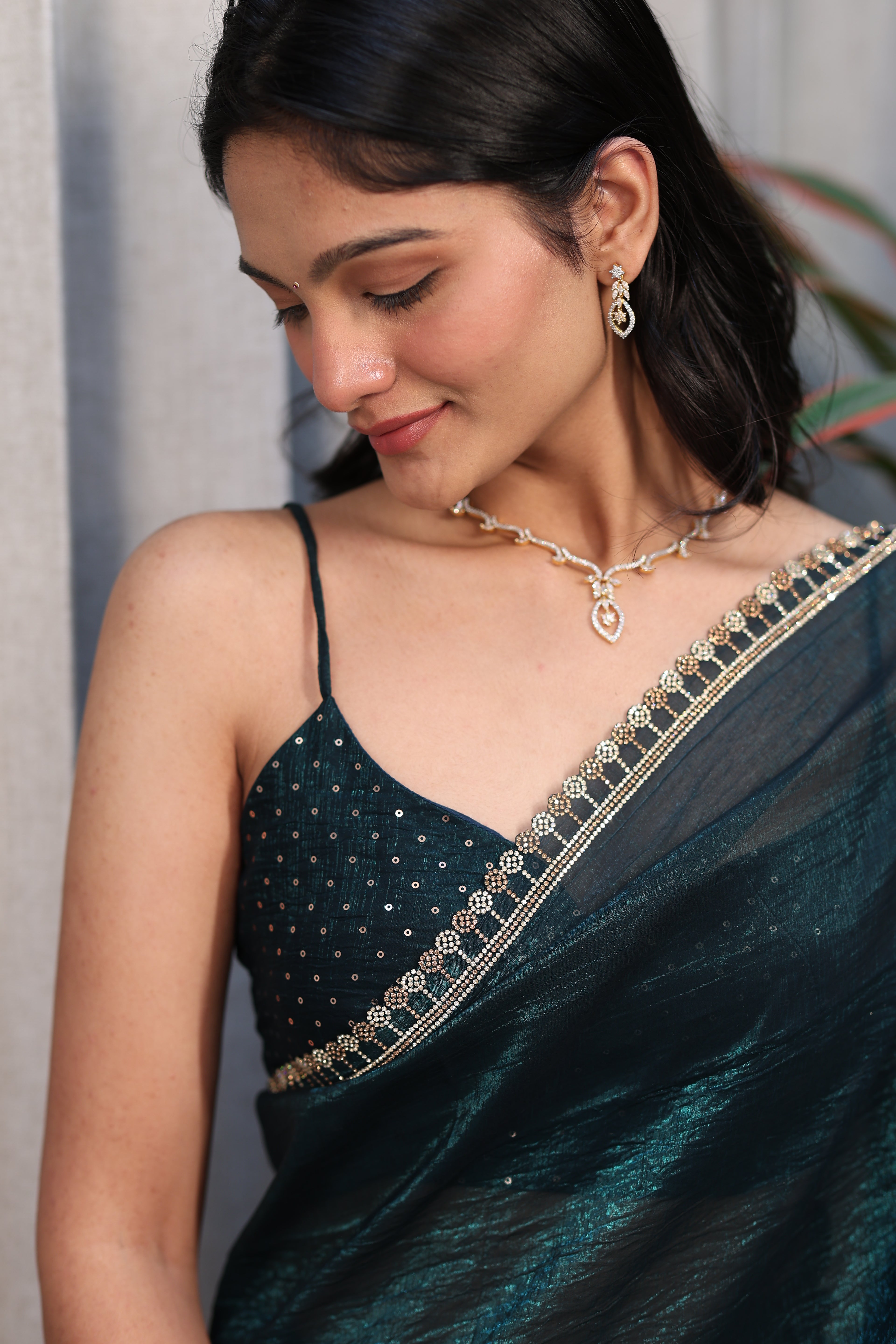 Bottle Green Satin Silk Saree with Sequin Work & Designer Stone Border – Party Wear