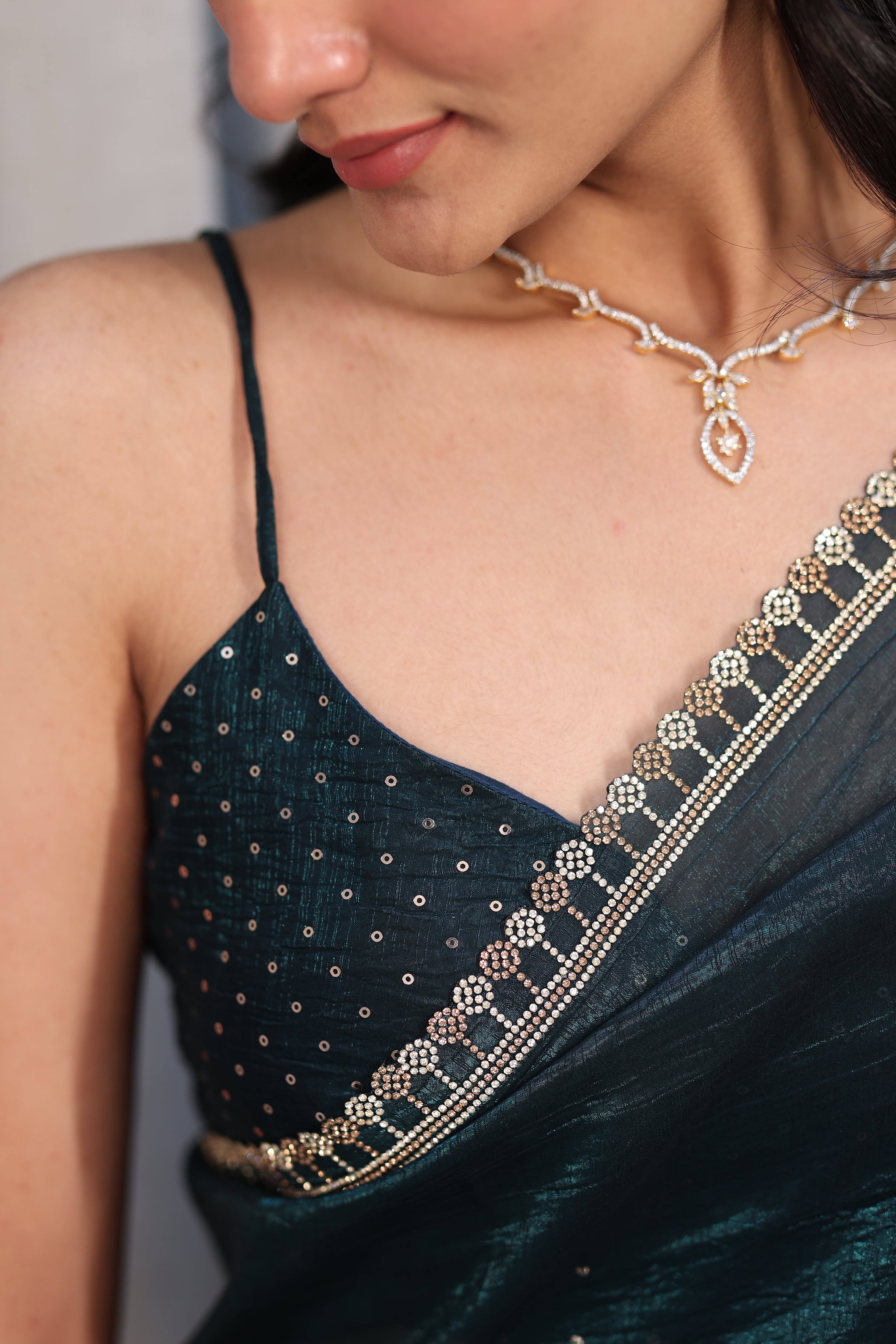 Bottle Green Satin Silk Saree with Sequin Work & Designer Stone Border – Party Wear