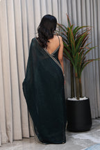 Bottle Green Satin Silk Saree with Sequin Work & Designer Stone Border – Party Wear