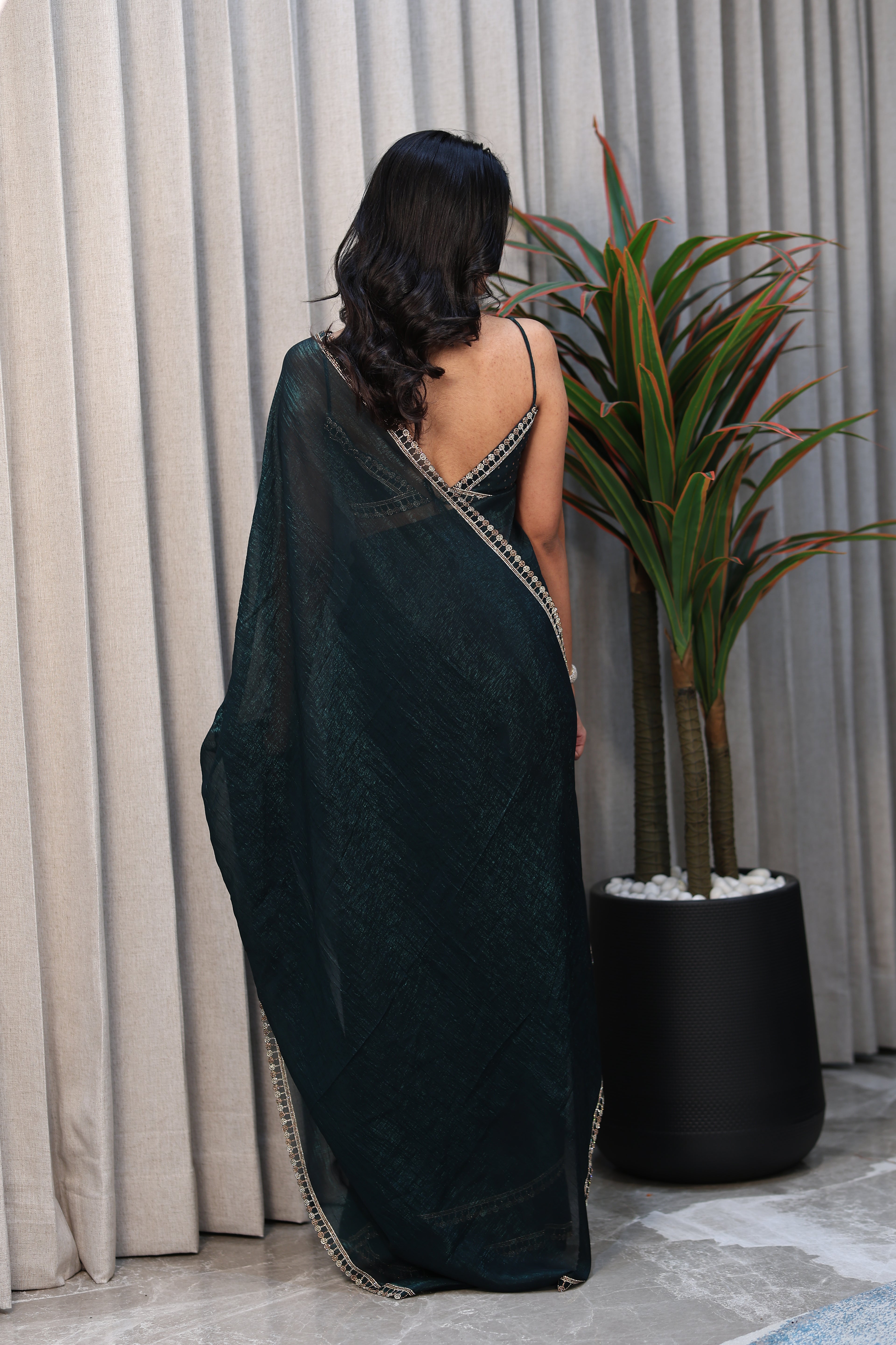 Bottle Green Satin Silk Saree with Sequin Work & Designer Stone Border – Party Wear