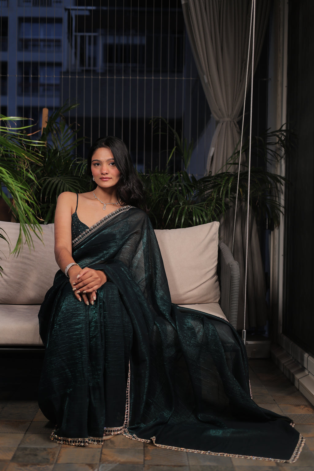 Bottle Green Satin Silk Saree with Sequin Work & Designer Stone Border – Party Wear