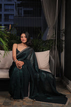 Bottle Green Satin Silk Saree with Sequin Work & Designer Stone Border – Party Wear