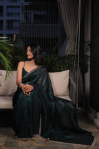 Bottle Green Satin Silk Saree with Sequin Work & Designer Stone Border – Party Wear
