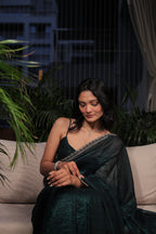 Bottle Green Satin Silk Saree with Sequin Work & Designer Stone Border – Party Wear