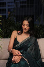 Bottle Green Satin Silk Saree with Sequin Work & Designer Stone Border – Party Wear