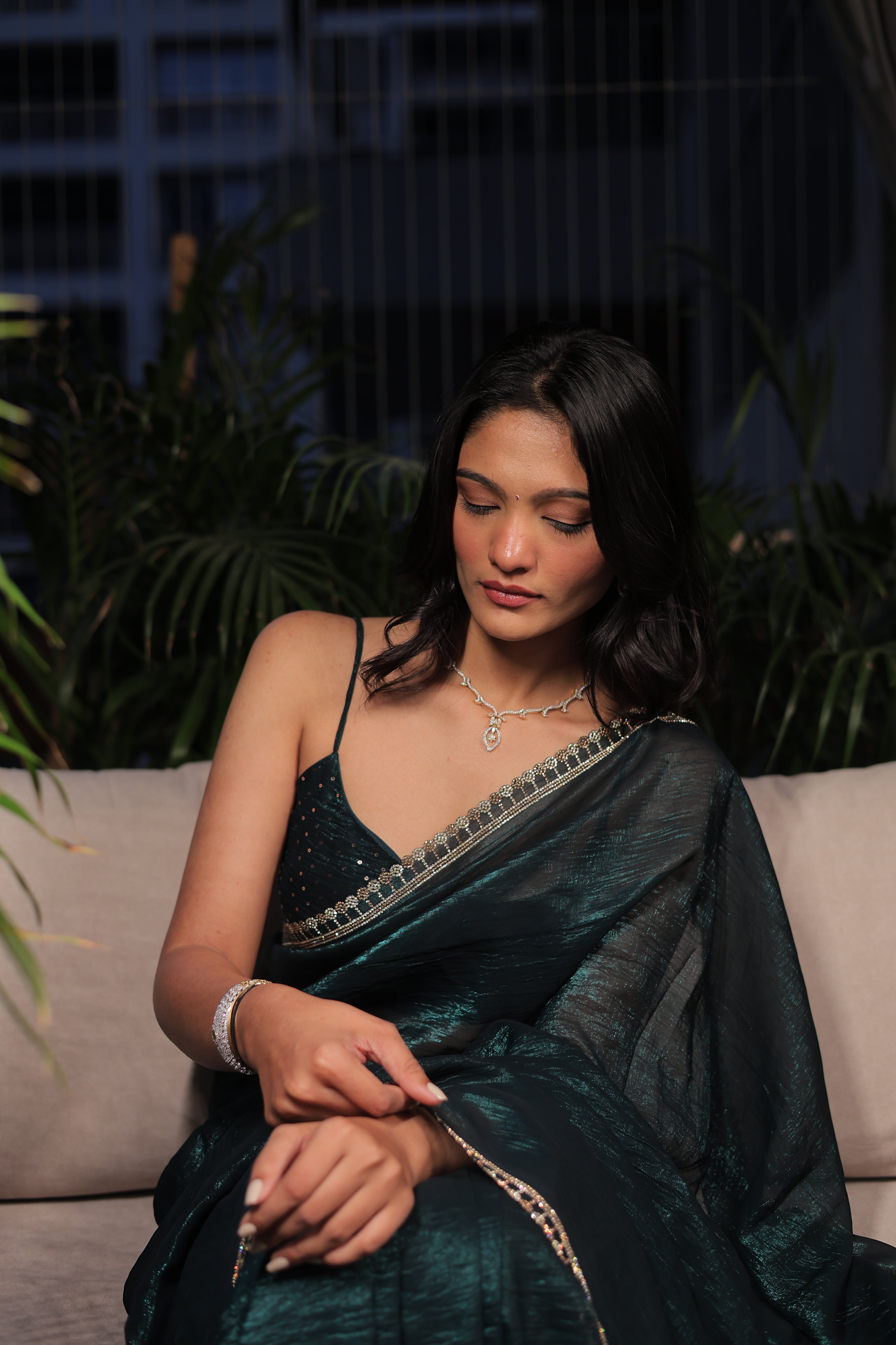 Bottle Green Satin Silk Saree with Sequin Work & Designer Stone Border – Party Wear