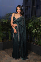 Bottle Green Satin Silk Saree with Sequin Work & Designer Stone Border – Party Wear