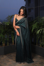 Bottle Green Satin Silk Saree with Sequin Work & Designer Stone Border – Party Wear
