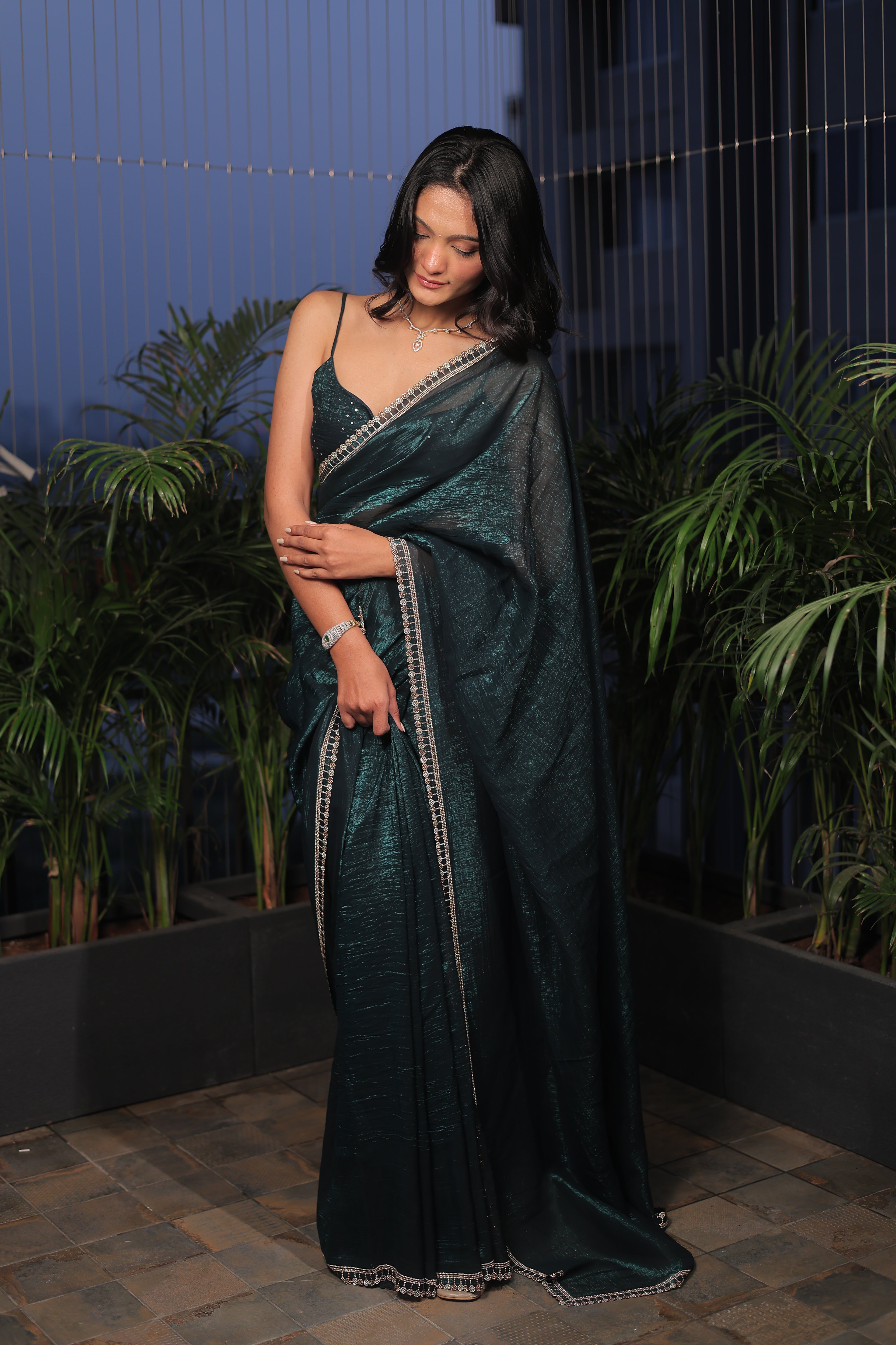 Bottle Green Satin Silk Saree with Sequin Work & Designer Stone Border – Party Wear