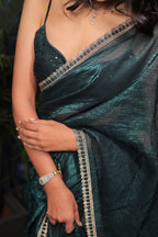 Bottle Green Satin Silk Saree with Sequin Work & Designer Stone Border – Party Wear