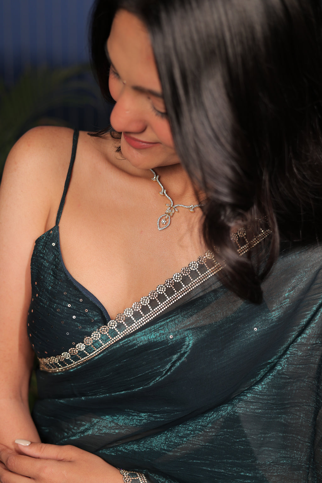 Bottle Green Satin Silk Saree with Sequin Work & Designer Stone Border – Party Wear