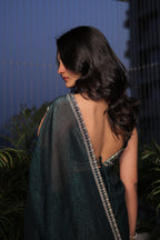 Bottle Green Satin Silk Saree with Sequin Work & Designer Stone Border – Party Wear