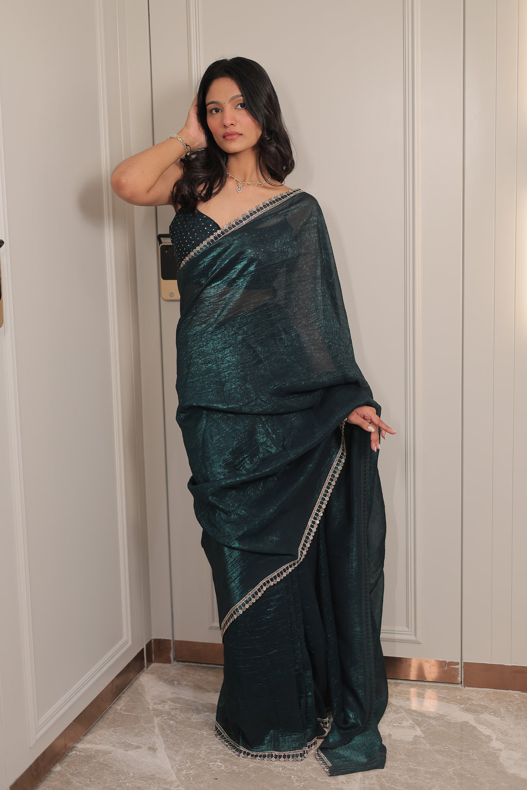 Bottle Green Satin Silk Saree with Sequin Work & Designer Stone Border – Party Wear
