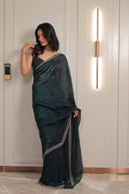Bottle Green Satin Silk Saree with Sequin Work & Designer Stone Border – Party Wear