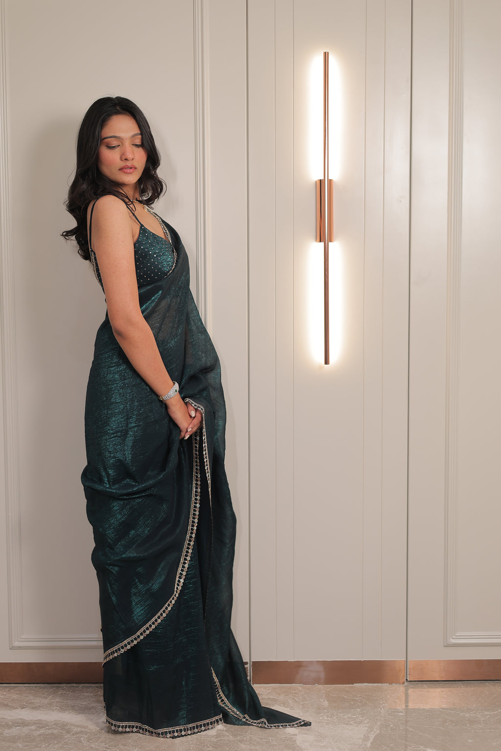 Bottle Green Satin Silk Saree with Sequin Work & Designer Stone Border – Party Wear