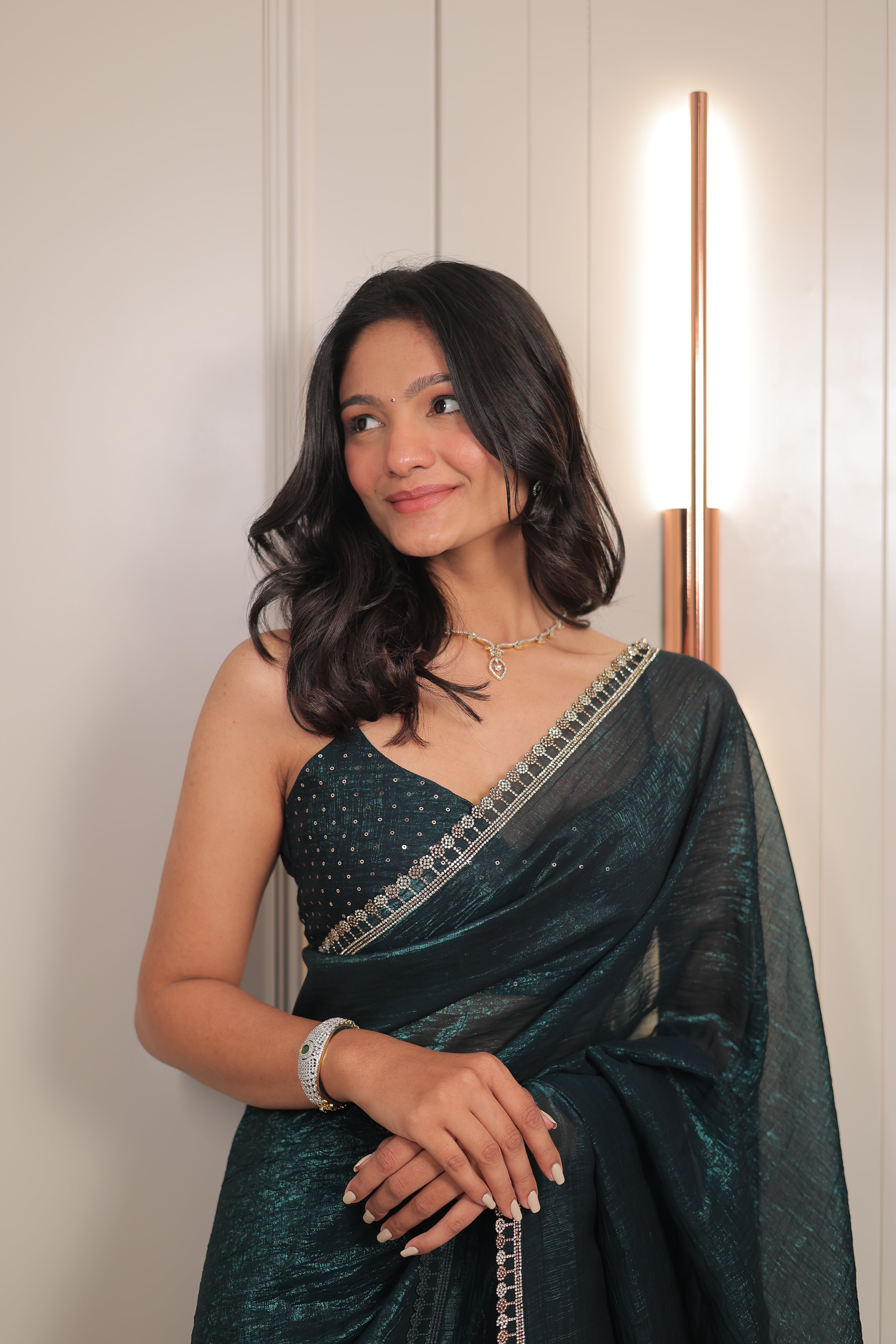 Bottle Green Satin Silk Saree with Sequin Work & Designer Stone Border – Party Wear