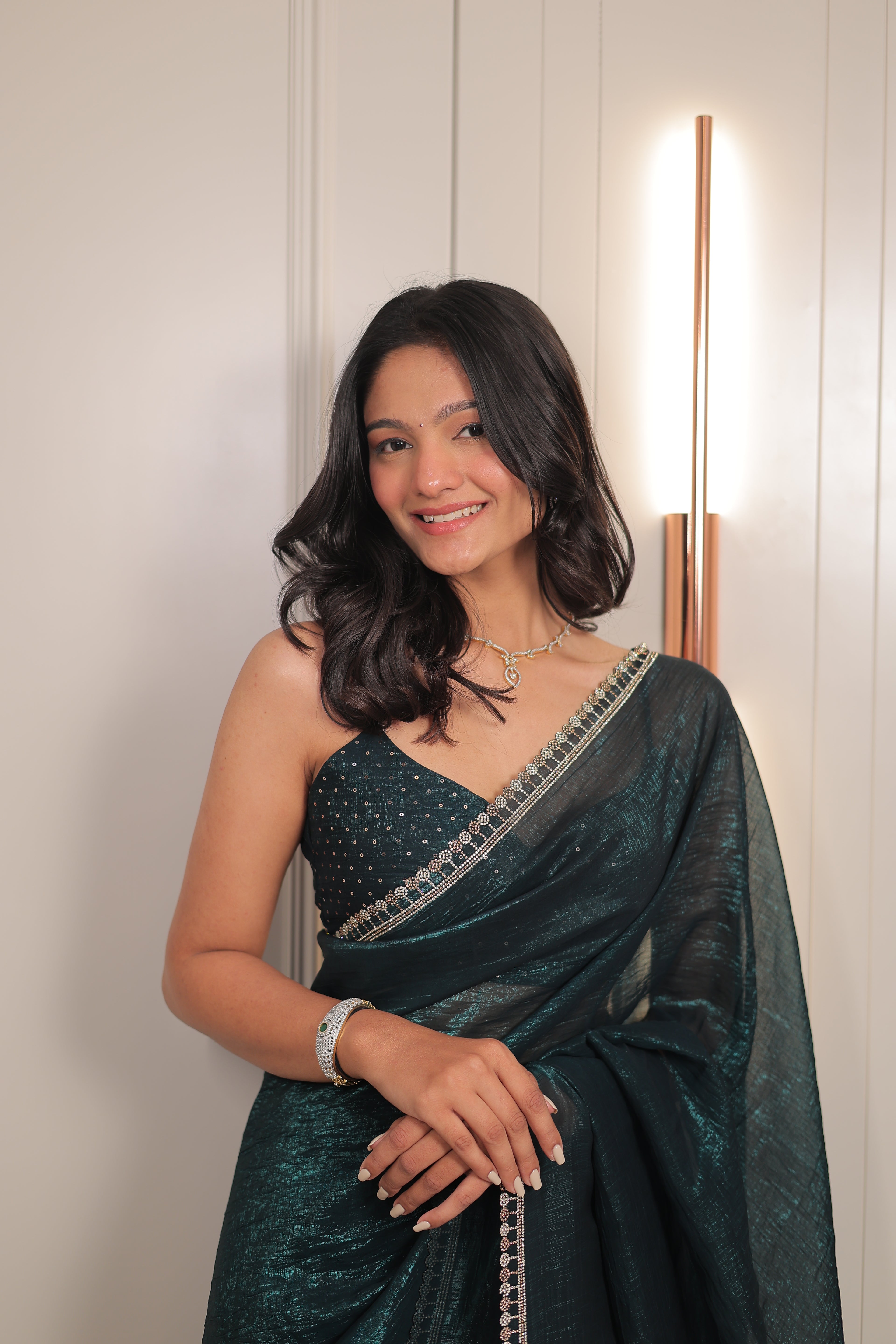 Bottle Green Satin Silk Saree with Sequin Work & Designer Stone Border – Party Wear