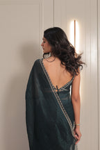 Bottle Green Satin Silk Saree with Sequin Work & Designer Stone Border – Party Wear