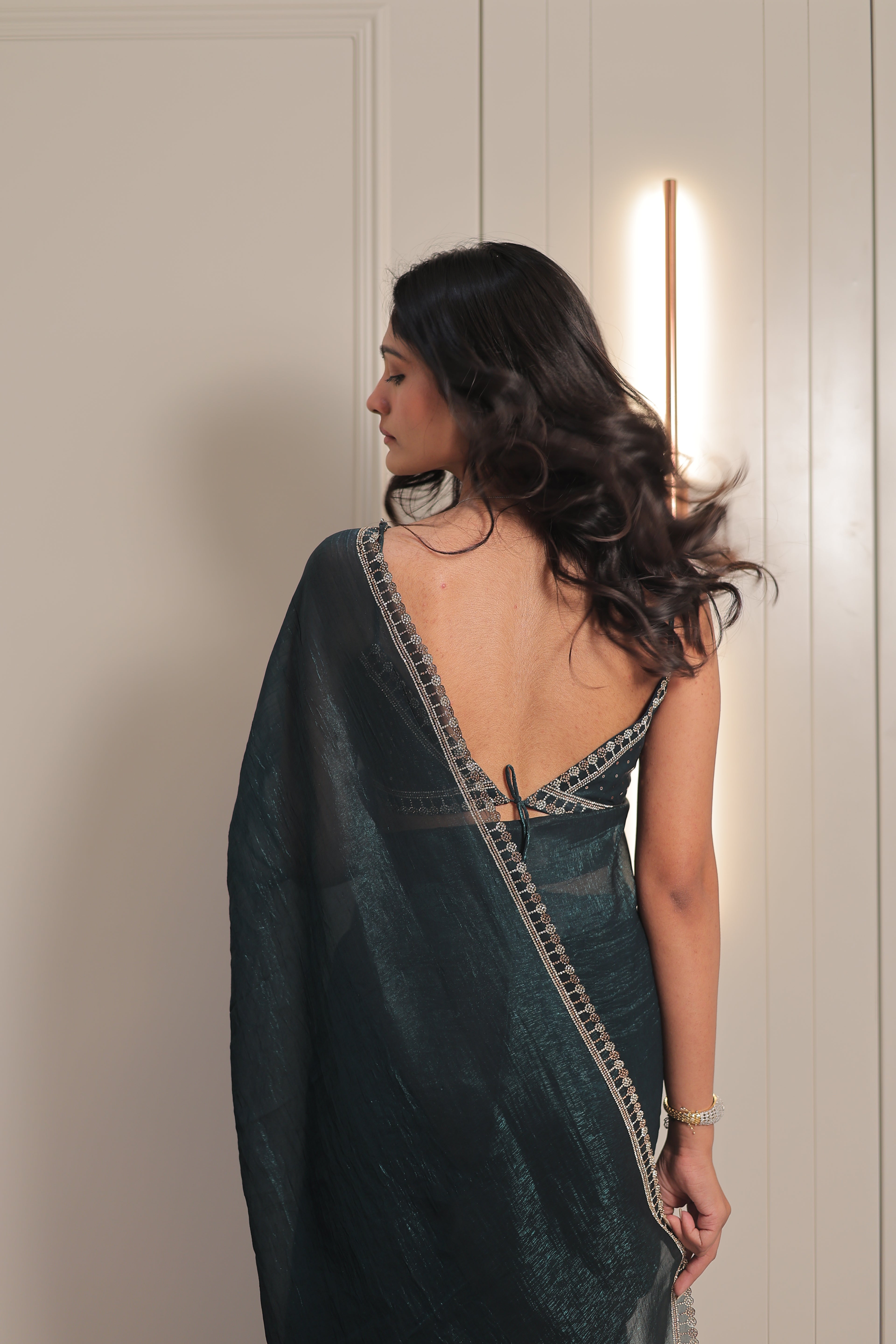 Bottle Green Satin Silk Saree with Sequin Work & Designer Stone Border – Party Wear