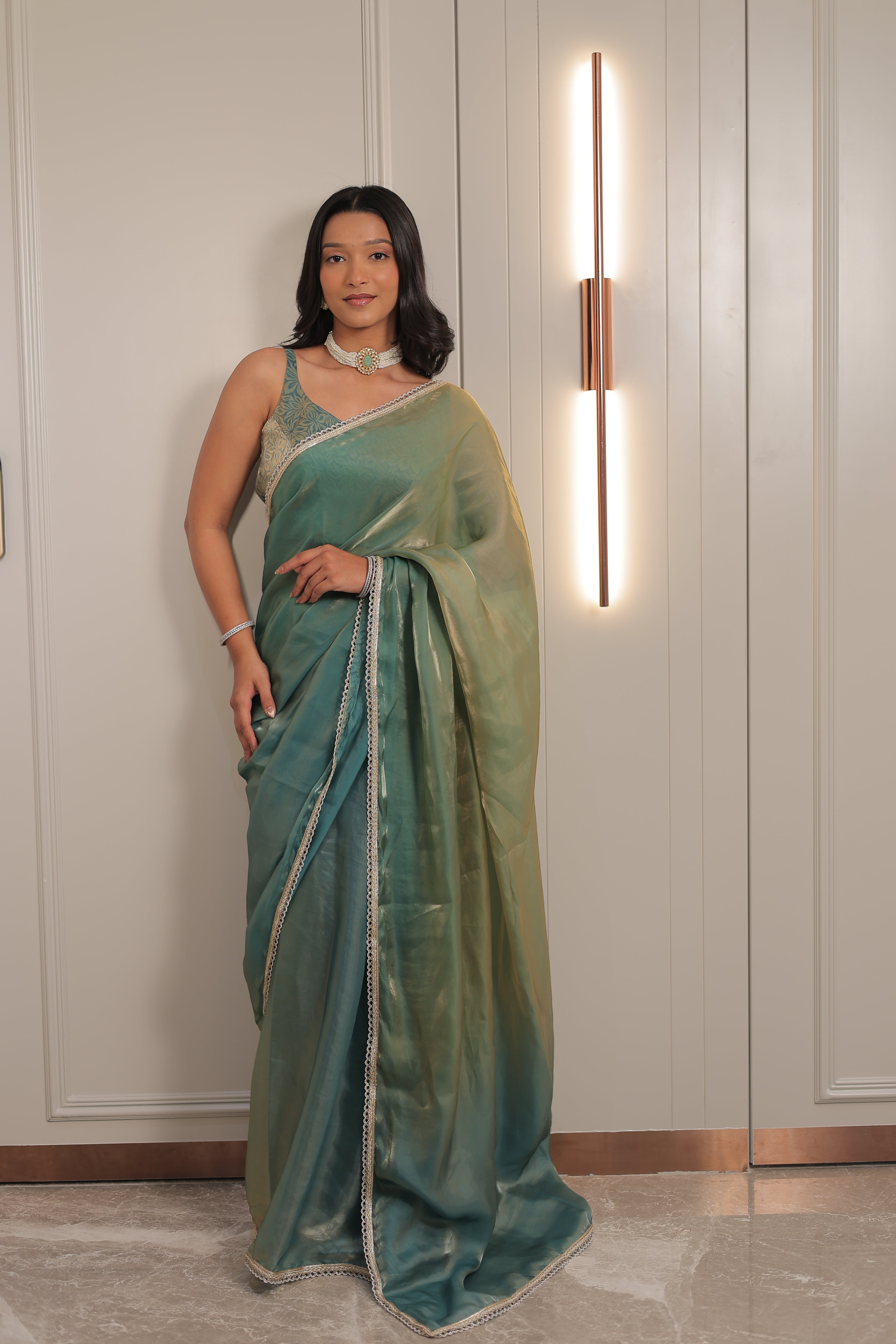 Pastel Mint Green Satin Silk Saree with Printed Blouse & Designer Lace Border – Festive Wear